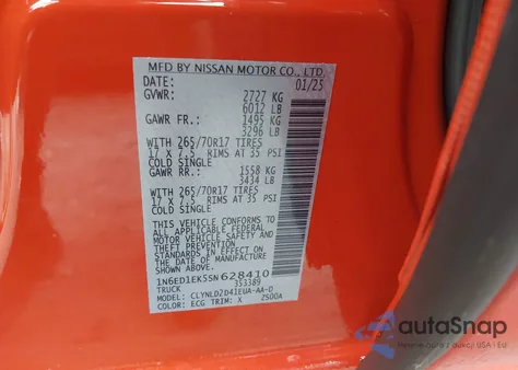 2025 Nissan Frontier Pro-4X 4X4 из США, поврежденный, VIN 1N6ED1EK5SN628410